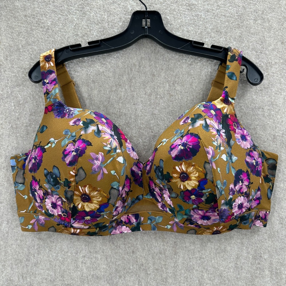 Cacique Balconette Bra Womens 42F Mustard Purple Floral Lightly Lined Underwire
